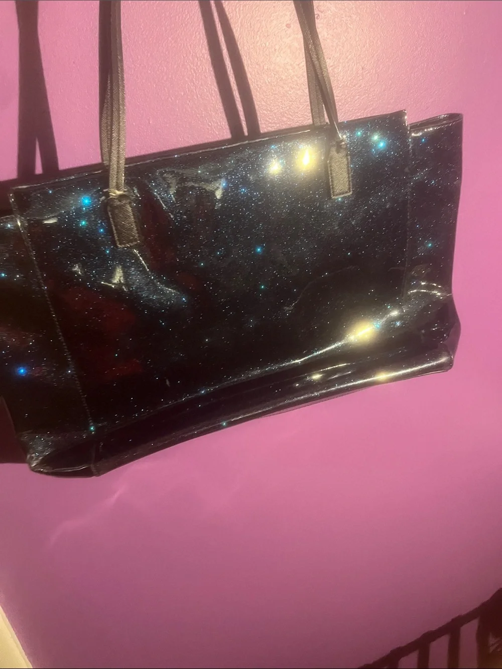 kate spade Sparkly Blue Galaxy Tote with Black bow and strap